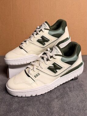 New Balance 550 Low-Top Sneakers in Cream and Olive Green